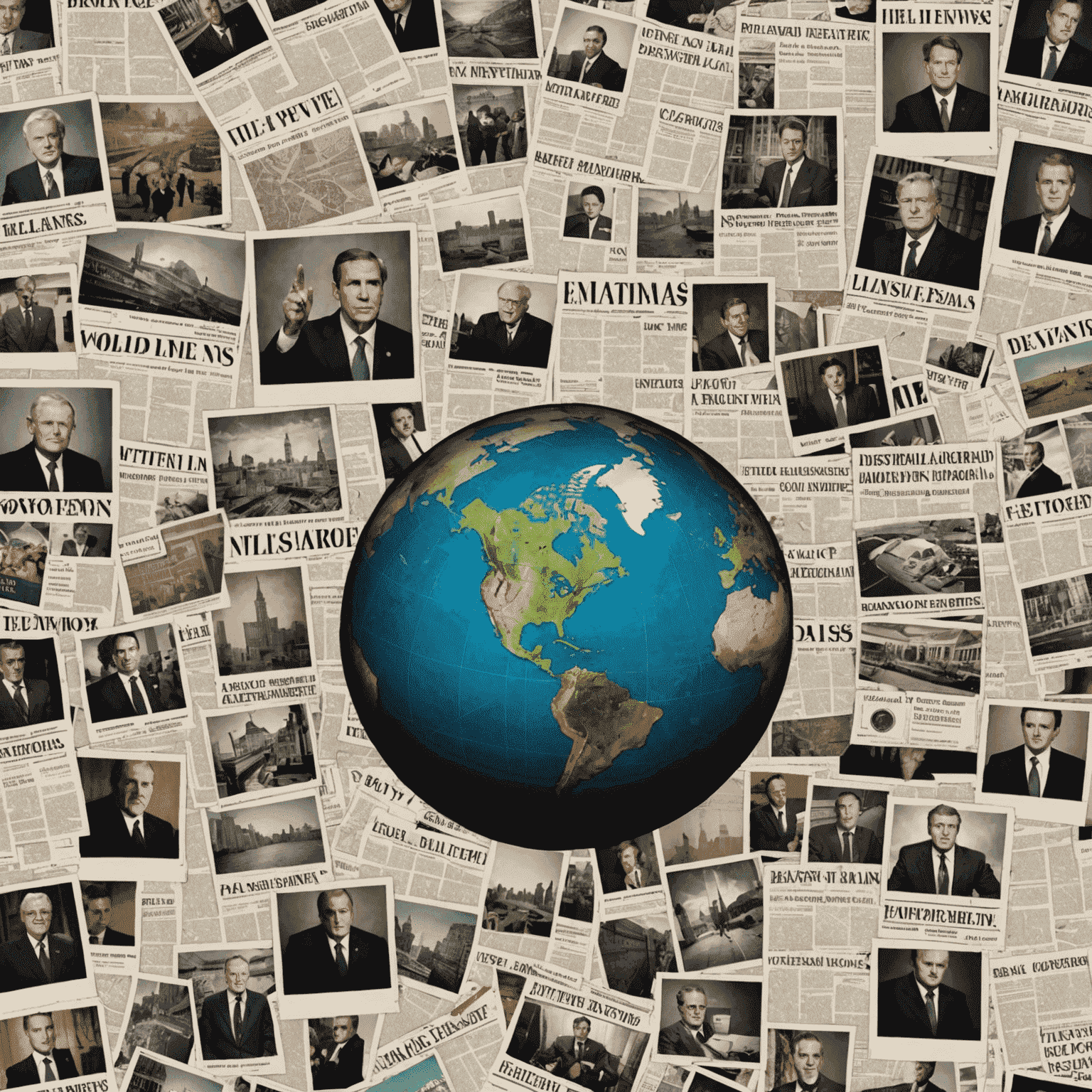 A collage of images representing world news, including a map, newspapers, and journalists