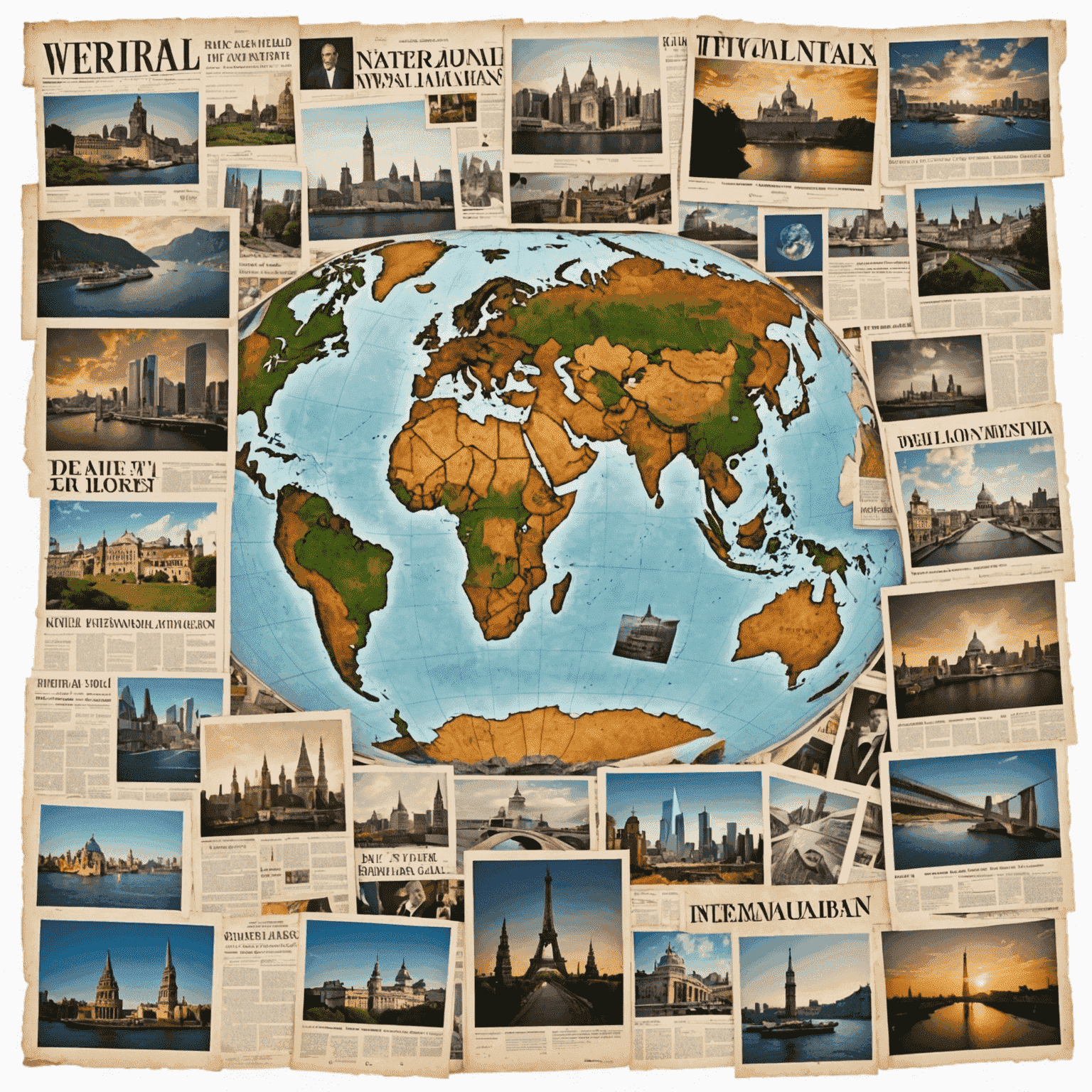 A collage of images representing the latest international news, including a world map, a newspaper, and various global landmarks