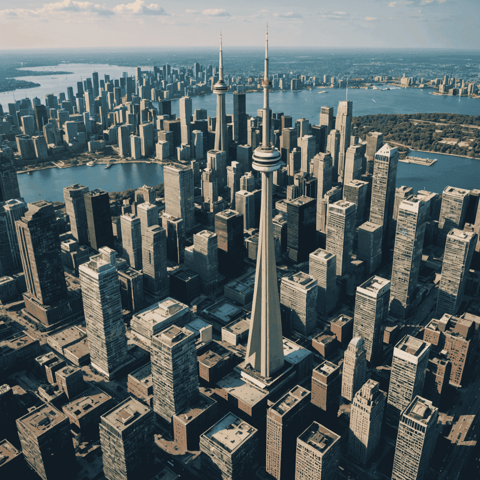 Aerial view of downtown Toronto skyline with skyscrapers and CN Tower, representing Canada's strong economy