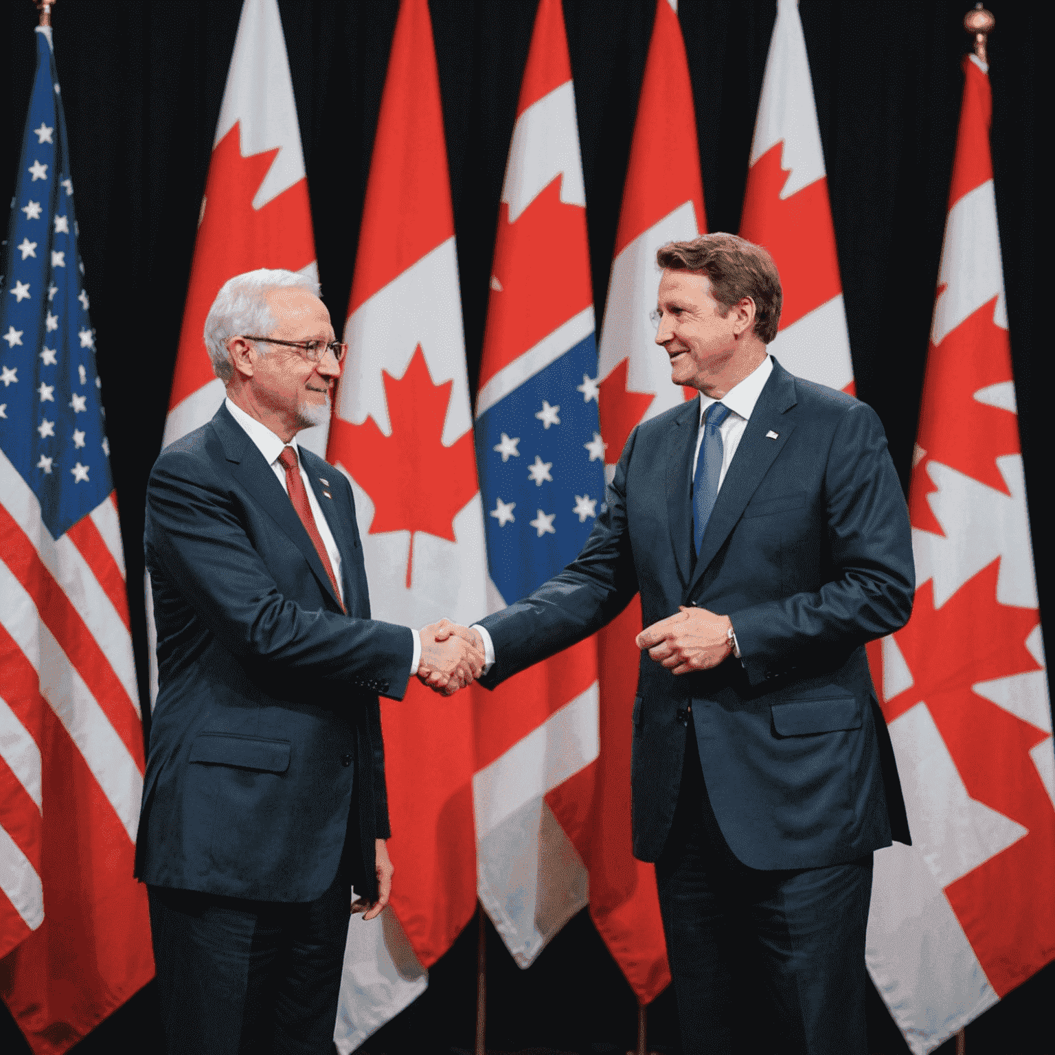 World leaders shaking hands at an economic summit in Canada, with Canadian and other national flags in the background