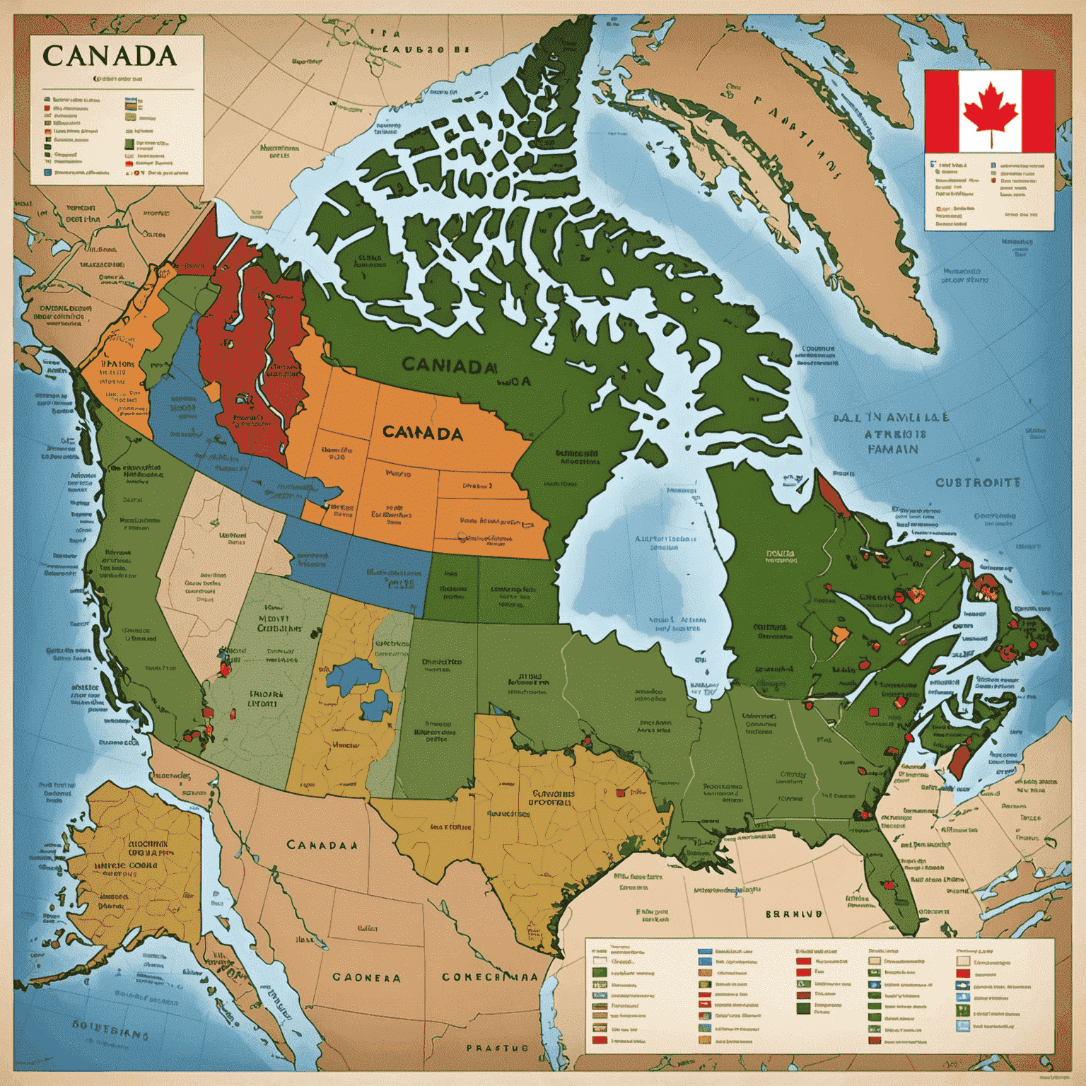 An overview of the Canadian economy, showing key industries, trade relationships, and economic indicators on a map of Canada