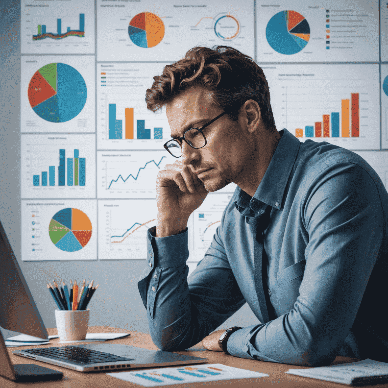 An image of a person deep in thought, surrounded by charts, graphs, and data, representing in-depth analysis of global issues