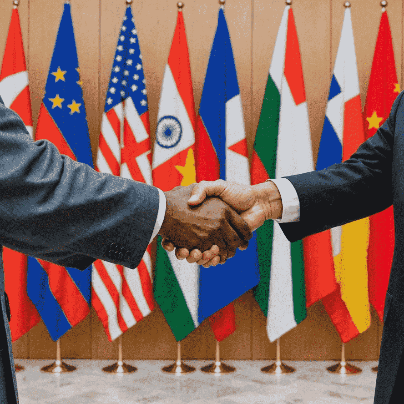 An image of world leaders shaking hands at a diplomatic event, with flags of various nations in the background