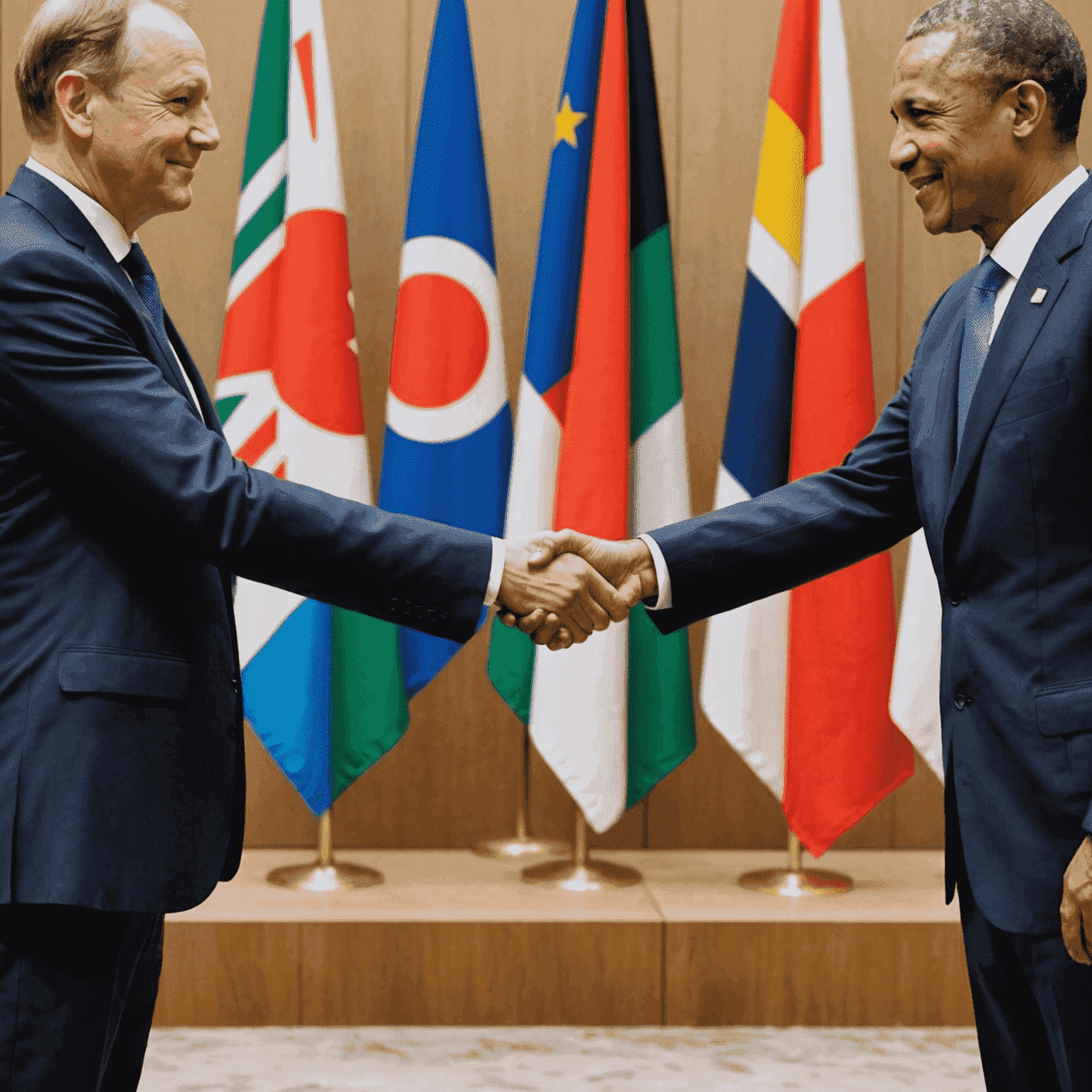 World leaders shaking hands at an international summit, representing diplomacy and international relations.