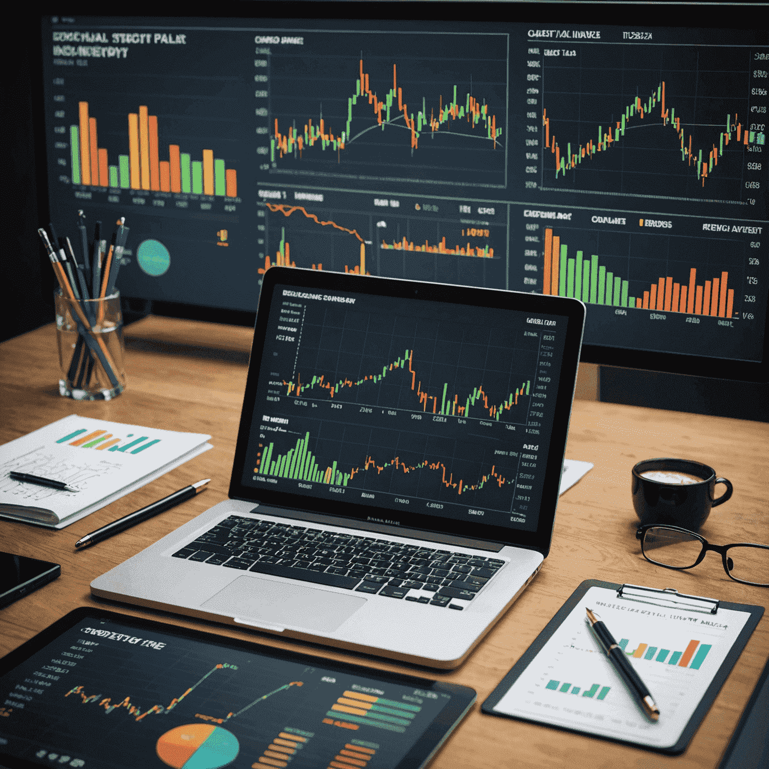 A stock market display with charts and graphs, symbolizing the global economy and international business.